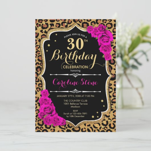 Invitation 30e anniversaire - Empreinte de léopard Roses rose (Debout devant)