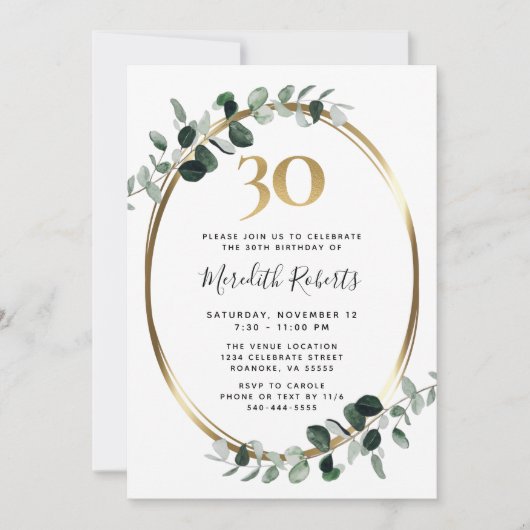 Invitation 30e anniversaire Eucalyptus Gold Metallic Party (Devant)