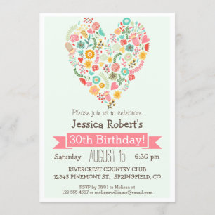 Invitation 30e anniversaire, fête d'anniversaire du coeur flo