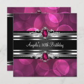 Invitation 30e Anniversaire Fête Pink Gem Bubbles Argent Noir (Devant / Derrière)