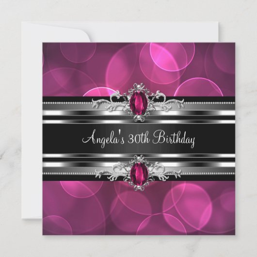 Invitation 30e Anniversaire Fête Pink Gem Bubbles Argent Noir (Devant)