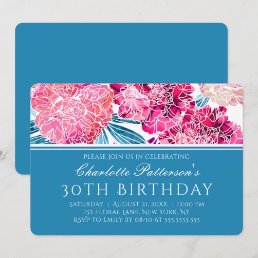 Invitation 30e anniversaire fête stylish rose floral modèle (Devant / Derrière)