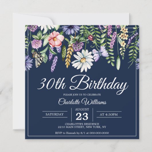 Invitation 30e anniversaire Fleur sauvage Marine Bleue Femme (Devant)