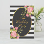 Invitation 30e anniversaire Floral Black White Stripes Gold F (Debout devant)