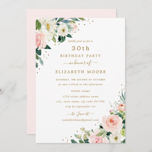 Invitation 30e anniversaire Floral Blush Gold (Devant / Derrière)