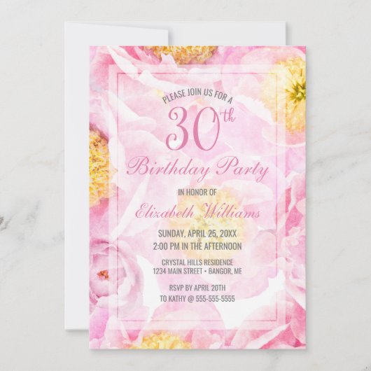 Invitation 30e anniversaire Floral Pink Watercolor Party (Devant)
