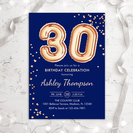 Invitation 30e anniversaire - Gold Balloons Navy