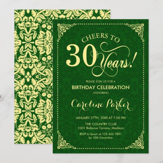 Invitation 30e anniversaire - Gold Green Damask (Devant / Derrière)