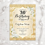 Invitation 30e anniversaire - Gold Stripes Roses blanches<br><div class="desc">Invitation du 30e anniversaire. Design floral élégant en or et blanc. Comprend des rayures d'or de parties scintillant,  des roses blanches,  des polices de caractères stylisées et des confettis. Parfait pour une fête d'anniversaire glam.</div>