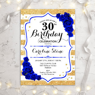 Invitation 30e anniversaire - Gold Stripes Royal Blue Roses