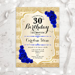 Invitation 30e anniversaire - Gold Stripes Royal Blue Roses<br><div class="desc">Invitation du 30e anniversaire. Design élégant en or et bleu roi. Comprend des rayures d'or de parties scintillant faux,  saphir rose police de script et confetti. Parfait pour une fête d'anniversaire glam.</div>