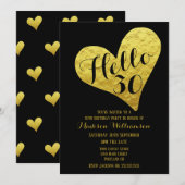 Invitation 30e anniversaire Hello 30 Black and Faux Gold Hear (Devant / Derrière)