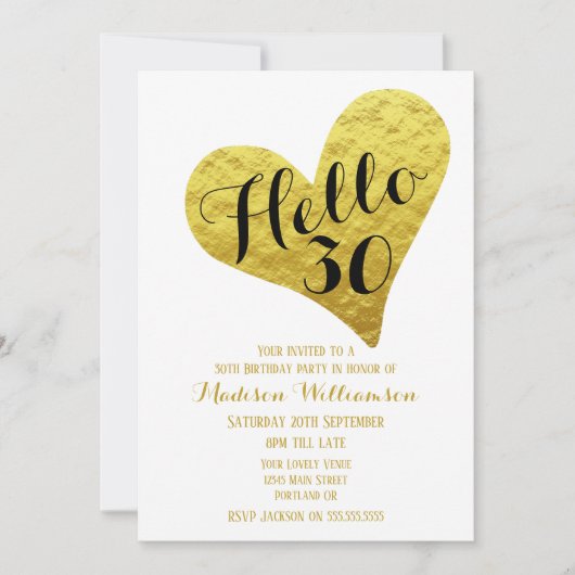 Invitation 30e anniversaire Hello 30 Black and Faux Gold Hear (Devant)