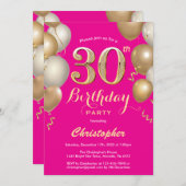 Invitation 30e anniversaire Hot Pink et Gold Balloons Confett (Devant / Derrière)