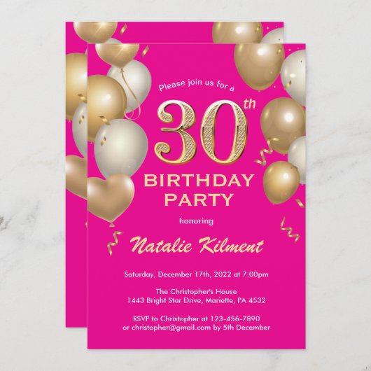 Invitation 30e anniversaire Hot Pink et Gold Parties scintill (Devant / Derrière)