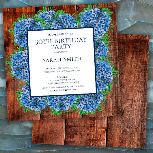Invitation 30e Anniversaire Hydrangeas Bleu Bois Fête Rustiqu
