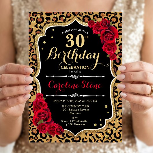 Invitation 30e Anniversaire - Impression léopard Roses Rouges