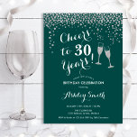 Invitation 30e Anniversaire - Joue À 30 Ans D'Argent Vert<br><div class="desc">Invitation du 30e anniversaire. Salutations À 30 Ans ! Design élégant en vert émeraude, blanc et argent. Il comprend des verres à champagne, des caractères de script et des confettis en argent parties scintillant. Parfait pour une soirée de trentième anniversaire. Personnalisez avec vos propres détails. Peut être customisé pour montrer...</div>