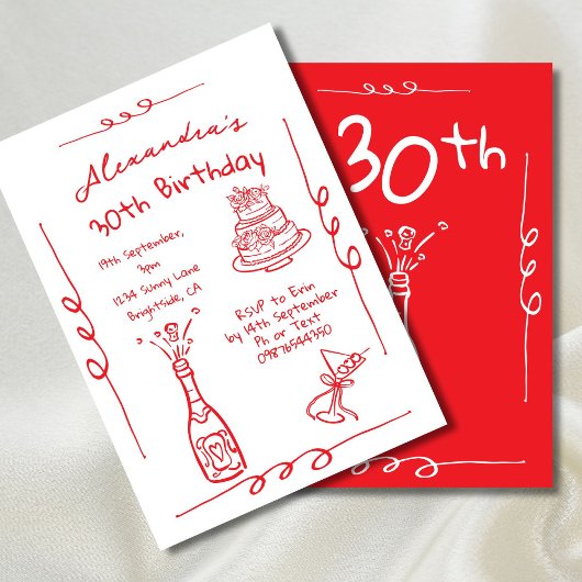 Invitation 30e anniversaire main tiré rouge Whimsical