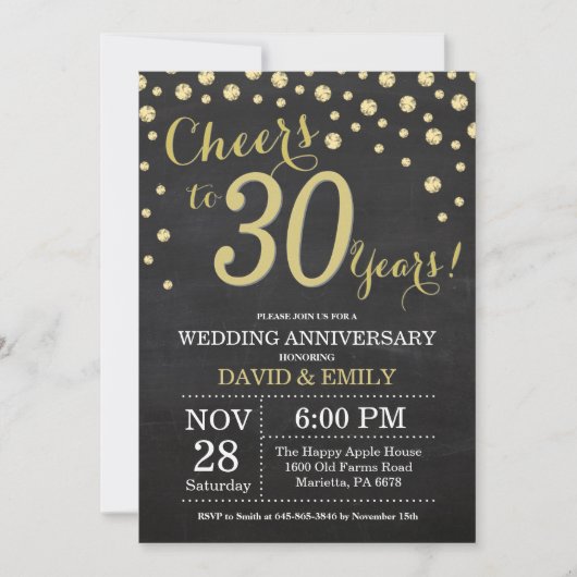 Invitation 30e anniversaire Mariage Chalkboard noir et or (Devant)