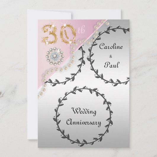 Invitation 30e anniversaire Mariage Embossed Silver Rose or (Devant)