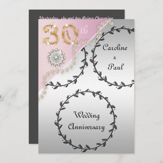 Invitation 30e anniversaire Mariage Embossed Silver Rose or (Devant / Derrière)