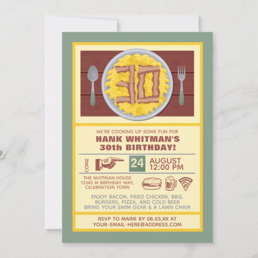 Invitation 30e anniversaire Mens Funny Bacon Eggs Thème (Devant)