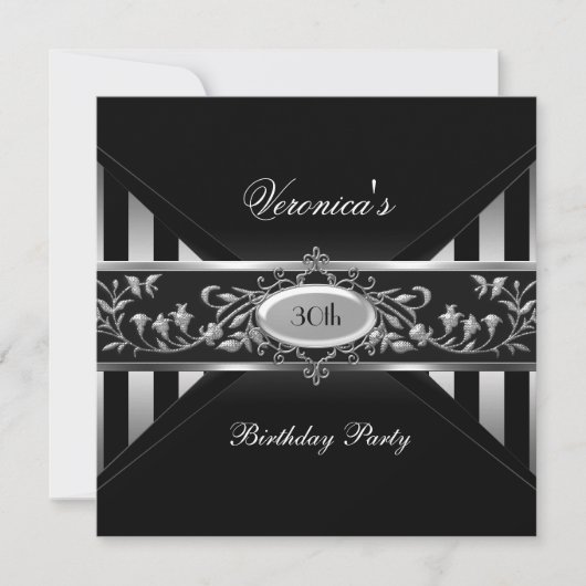 Invitation 30e Anniversaire Noir Blanc Rayure Fleur Argentée (Devant)
