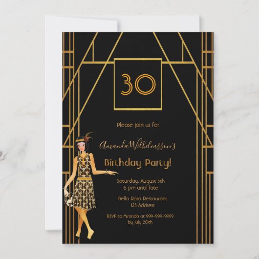 Invitation 30e anniversaire or noir 1920's art déco (Devant)