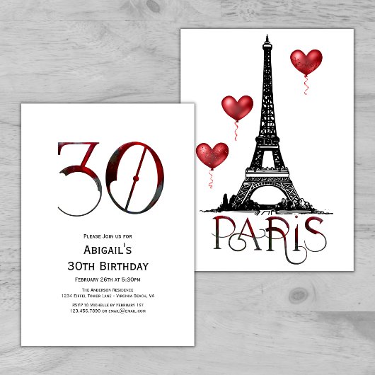 Invitation 30e anniversaire Paris, Tour Eiffel, Ballons rouge