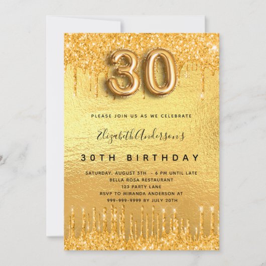 Invitation 30e anniversaire parties scintillant or gouttes (Devant)