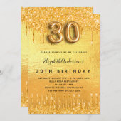 Invitation 30e anniversaire parties scintillant or gouttes (Devant / Derrière)