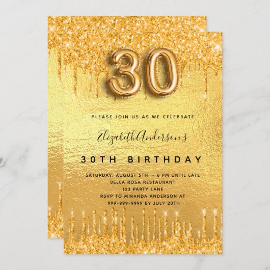 Invitation 30e anniversaire parties scintillant or gouttes (Devant / Derrière)