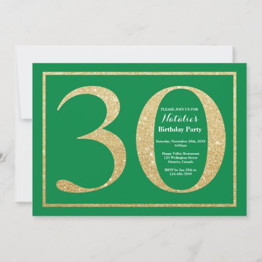 Invitation 30e anniversaire Parties scintillant verte et or (Devant)