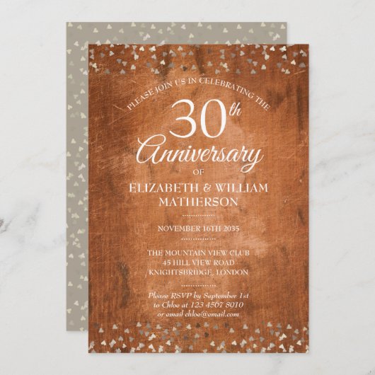 Invitation 30e Anniversaire Perle Coeurs en Bois Rustique Con (Devant / Derrière)