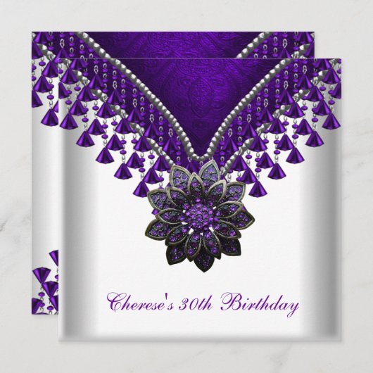 Invitation 30e Anniversaire Perles violettes blanc (Devant / Derrière)