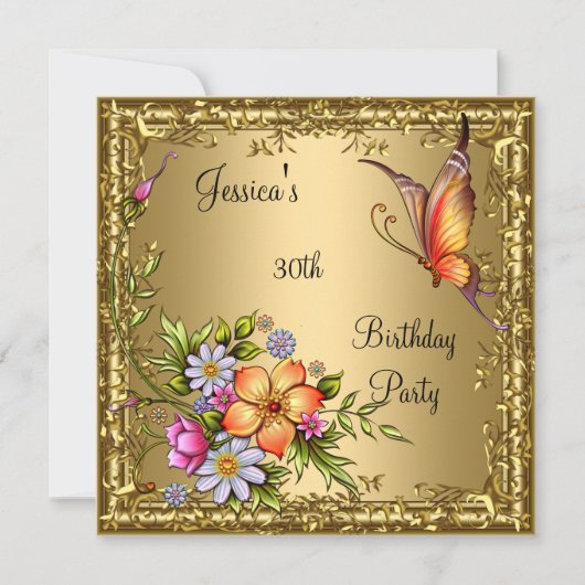 Invitation 30e anniversaire Pink Floral Butterfly Bronze Or (Devant)