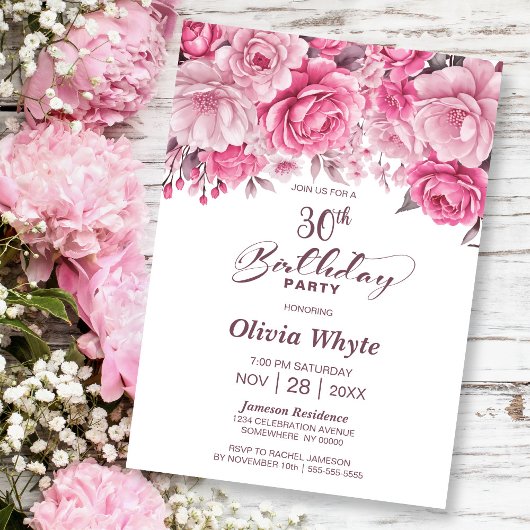 Invitation 30e anniversaire Pink Floral Party