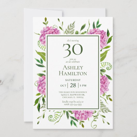 Invitation 30e anniversaire Pink Hydrangeas (Devant)