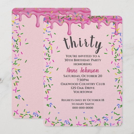 Invitation 30e Anniversaire Pink Icing Et Sprinkles (Devant / Derrière)
