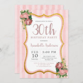 Invitation 30e anniversaire Pink Stripe Floral Gold Parties s (Devant / Derrière)