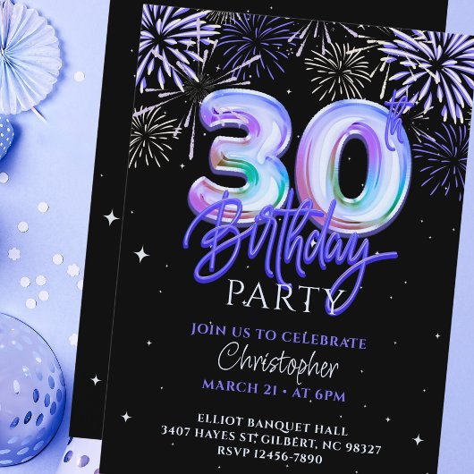 Invitation 30e anniversaire pour lui Blue Fireworks Foil Ball