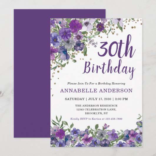 Invitation 30e anniversaire Purple Floral Gold Confetti Dots (Devant / Derrière)