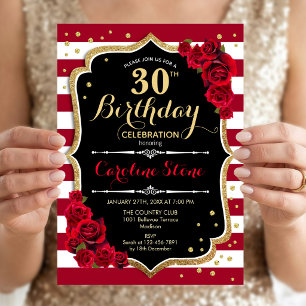 Invitation 30e anniversaire - Rayures rouges or noir blanc Ro