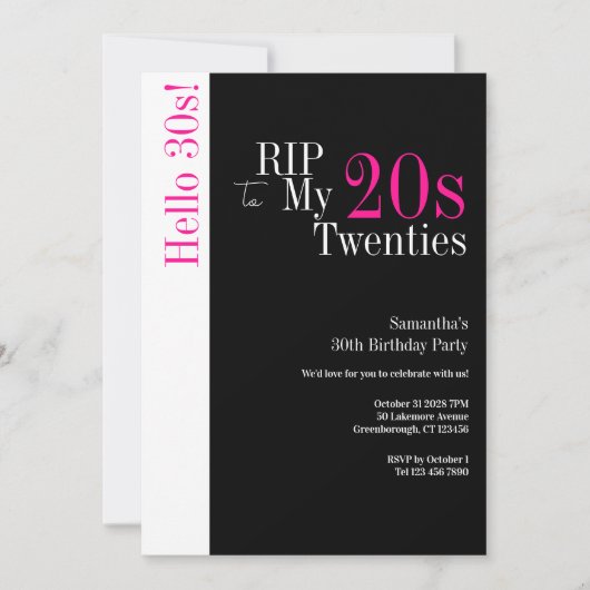 Invitation 30e anniversaire RIP 20s Hello 30s Party Black Pin (Devant)