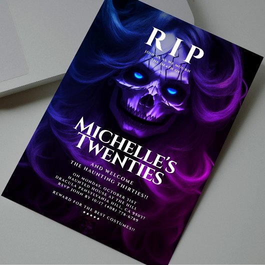 Invitation 30e anniversaire RIP Années Crâne dame rose pourpr