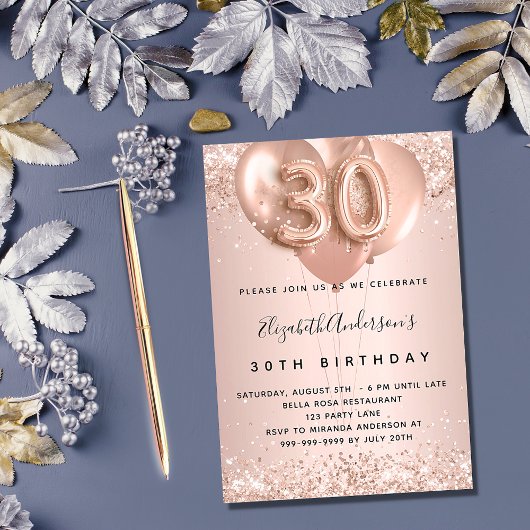 Invitation 30e anniversaire rose ballons d'or luxueux