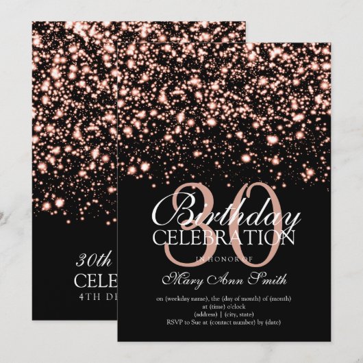 Invitation 30e anniversaire Rose de fête Gold Midnight Glam (Devant / Derrière)