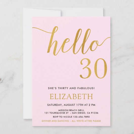 Invitation 30e anniversaire rose et or Bonjour 30 (Devant)