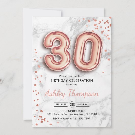 Invitation 30e anniversaire - Rose Gold Balloons effet marbre (Devant)